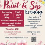 Poster for the event listing all the details. Around the edges are illustrations of cherry blossom, paint brushes and paints and hands holding glasses of wine.