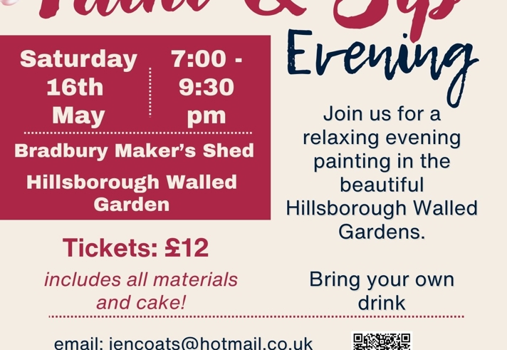 Poster for the event listing all the details. Around the edges are illustrations of cherry blossom, paint brushes and paints and hands holding glasses of wine.