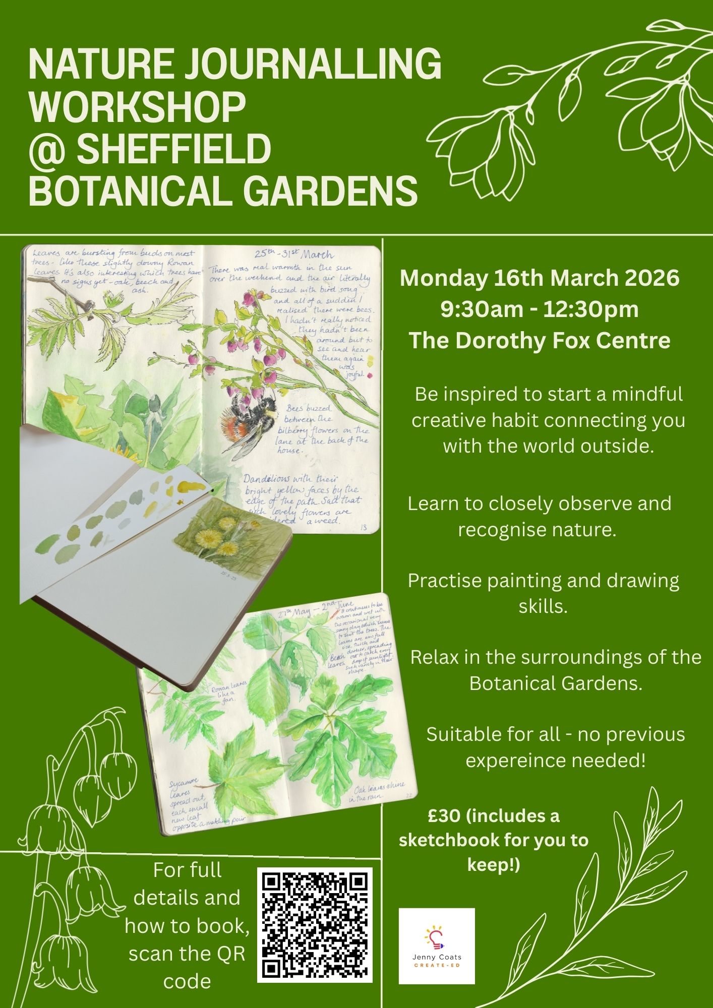 Poster for the event, listing the details, surrounded by drawings and paintings of plants.