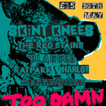 A brightly coloured gig poster with a rough, cut‑and‑paste punk style. The background is a mix of teal, black, and yellow with distressed textures and abstract shapes. At the top right, the price “£15” and the date “30th May” appear in small boxed text. Large teal lettering across the centre reads “SKINT KNEES.” Below it, additional band names are listed in distressed fonts: “The Red Stains,” “Blagged,” “Ratpakk,” “Harlot,” and “Mannequins.