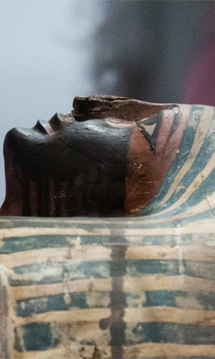 A painted wooden coffin from the Ancient Egypt exhibition at Weston Park Museum