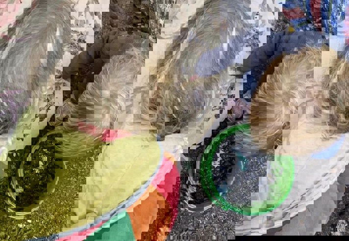 Small children playing in the woods.