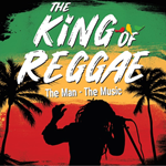 A promo poster for The King Of Reggae, with a silhouette of Bob Marley and two palm trees against a backdrop of red, gold and green stripes.