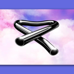 A shiny, metallic tubular structure twisted into an abstract shape, resembling two bent pipes crossing each other. The object has a reflective black surface with highlights, set against a dreamy background of pink, purple, and blue clouds. The overall design has a surreal and modern aesthetic.