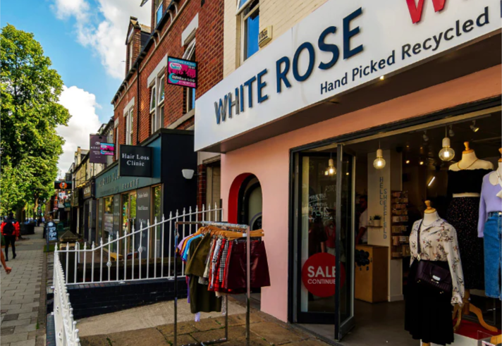 The exterior of the White Rose Recycled Fashion - Ladies shop.