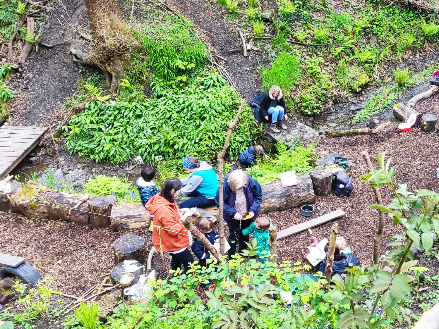 A group of people in a woodland clearing are taking part in a workshop.