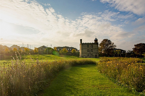 Manor Lodge Tudor ruin at the back of a field of long grass in the sunshine.