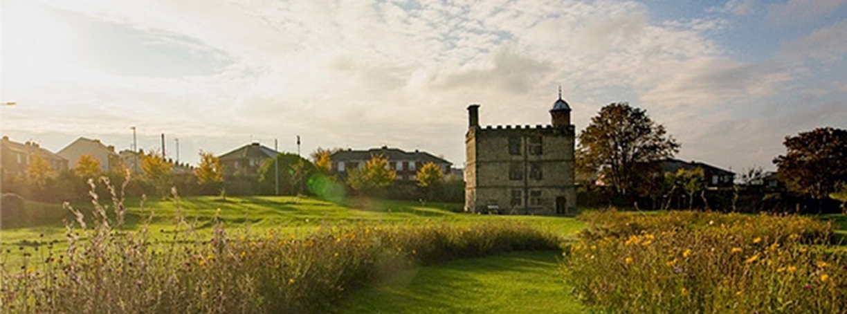 Manor Lodge Tudor ruin at the back of a field of long grass in the sunshine.