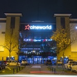 The exterior of Cineworld Sheffield at night.