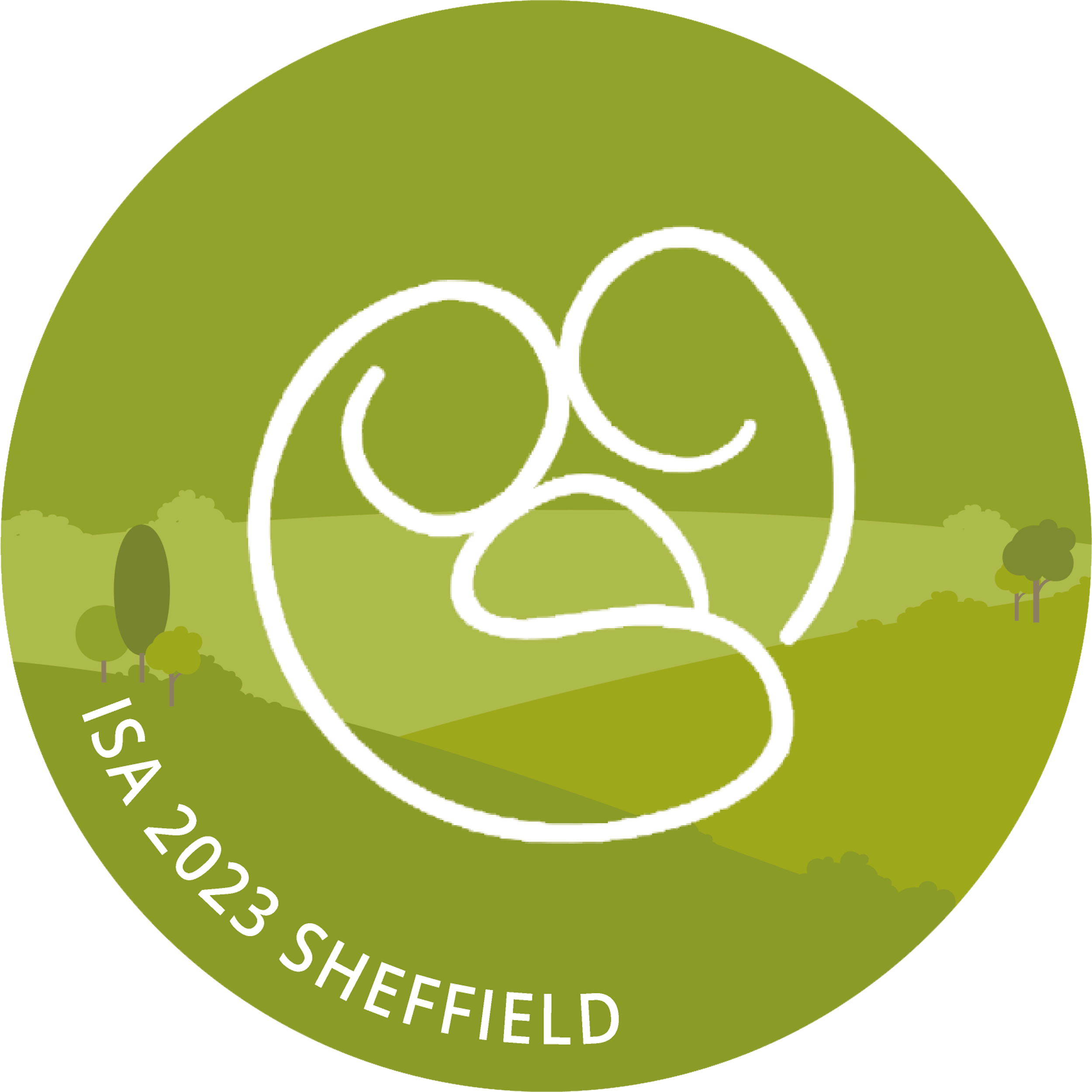 The International Stillbirth Alliance logo - Circular green logo featuring a white abstract line design in the center, with text reading ‘ISA 2023 Sheffield’ along the bottom edge. The background shows a stylized landscape with trees and rolling hills.