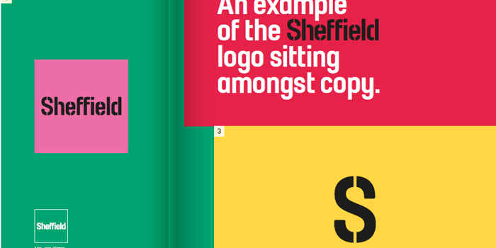 Design guidelines showing examples of the Sheffield logo in different contexts: a pink logo on a green background, text demonstrating logo placement on a red background, and a bold black ‘S’ on a yellow background.