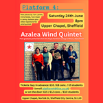 Promo poster for the Azalea Wind Quintet event with a picture of the quintet posing with their instruments plus details of the events.