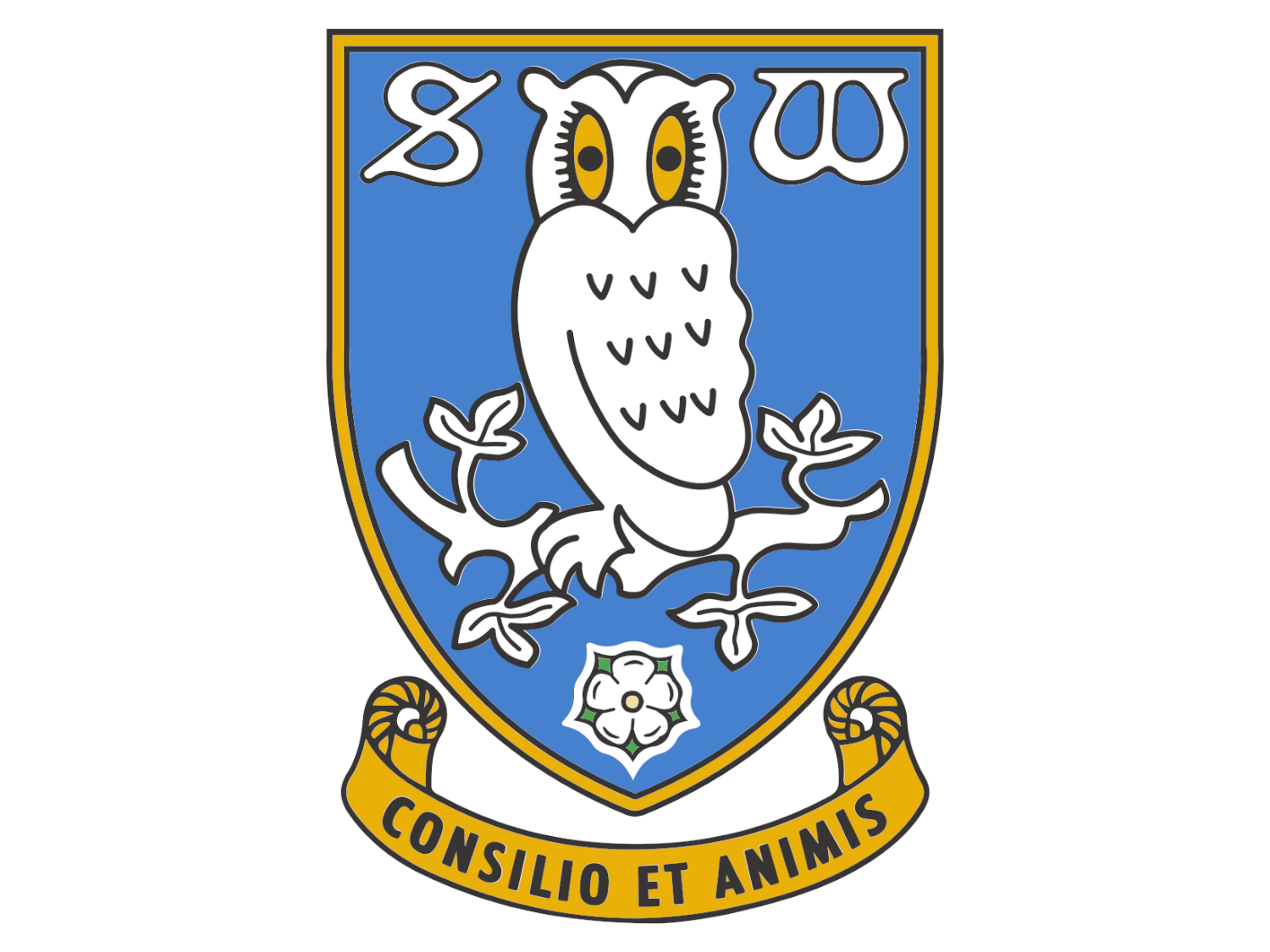 Sheffield Wednesday Football Club crest featuring a white owl with yellow eyes perched on a branch, set against a blue shield. Above the owl are stylised letters “S” and “W”. Below the branch is a white rose, and at the bottom a gold scroll with the Latin motto “Consilio et Animis”, meaning “By Wisdom and Courage”.