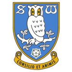 Sheffield Wednesday Football Club crest featuring a white owl with yellow eyes perched on a branch, set against a blue shield. Above the owl are stylised letters “S” and “W”. Below the branch is a white rose, and at the bottom a gold scroll with the Latin motto “Consilio et Animis”, meaning “By Wisdom and Courage”.
