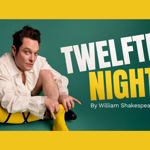 A promo fpr Twelfth Night, with a man sat on the floor putting on a pair of yellow tights.