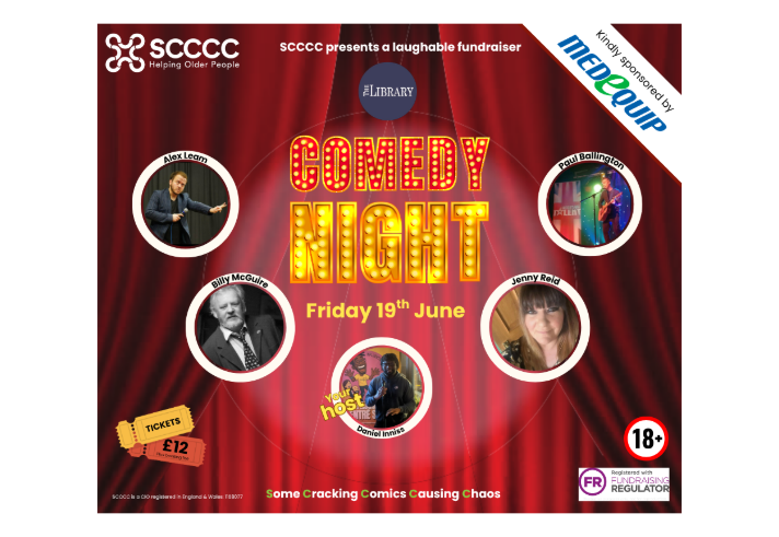 Poster for the event with the words 'COMEDY NIGHT' spelt out in lights in front of a red Theatre style curtain.