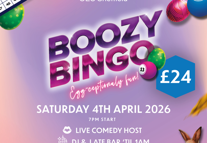 Poster for the event with rabbits, Easter eggs and bingo balls.