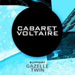 Poster for the event featuring the words Cabaret Voltaire in a black circle on a blue background.