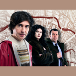 Three people standing in front of an antique map.