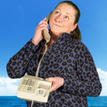 A person holding and old fashioned landline phone, with the handset held to their ear, looking bemused.