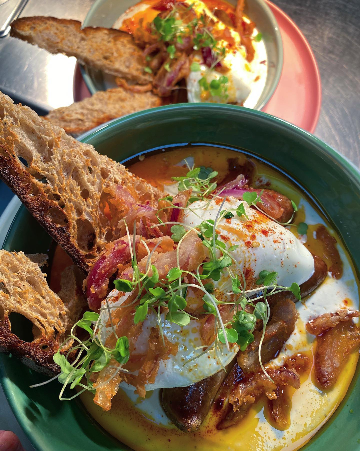 Poached eggs on toast.