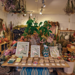 Interior of a boutique shop filled with dried flowers, plants, and botanical arrangements. A central wooden table displays illustrated floral prints, seed packets, and small items, while shelves and walls around the room are decorated with hanging bunches of dried flowers and greenery. The space has warm lighting and a natural, rustic aesthetic.