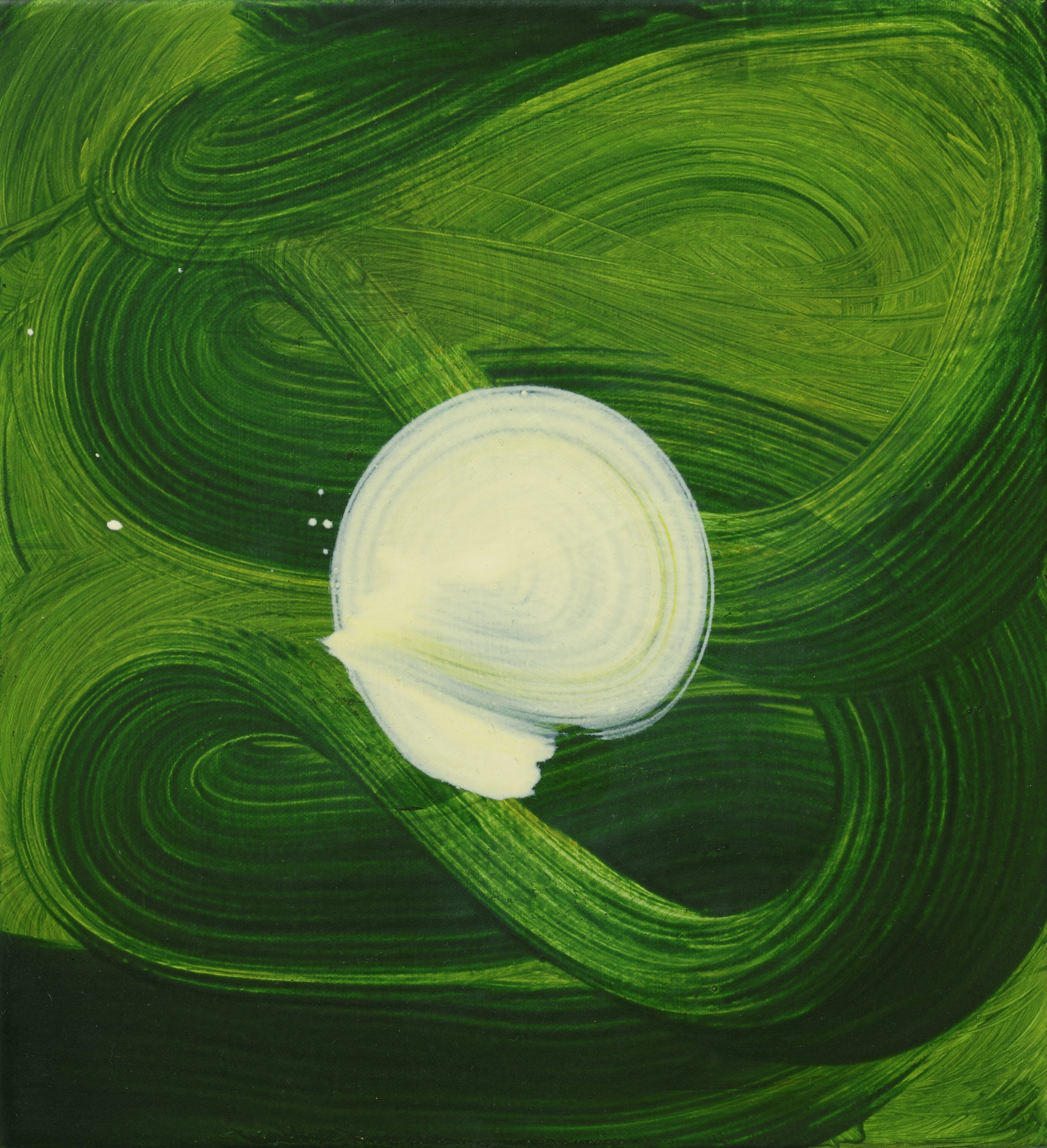 A swirly abstract painting in greens and creams by Amanda Ansell titled 'Nexus Dance'.