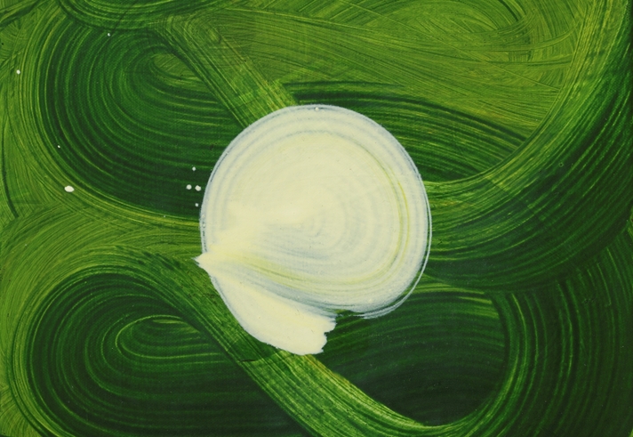 A swirly abstract painting in greens and creams by Amanda Ansell titled 'Nexus Dance'.