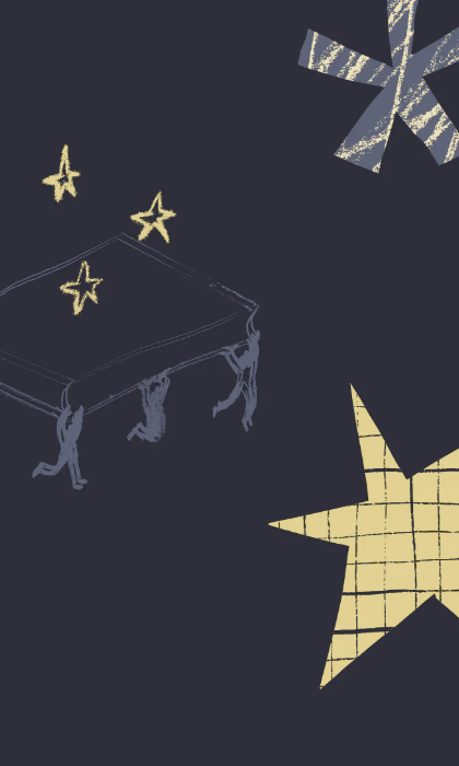 Hand-drawn illustrations of an ottoman and stars, in gold, on a black background.