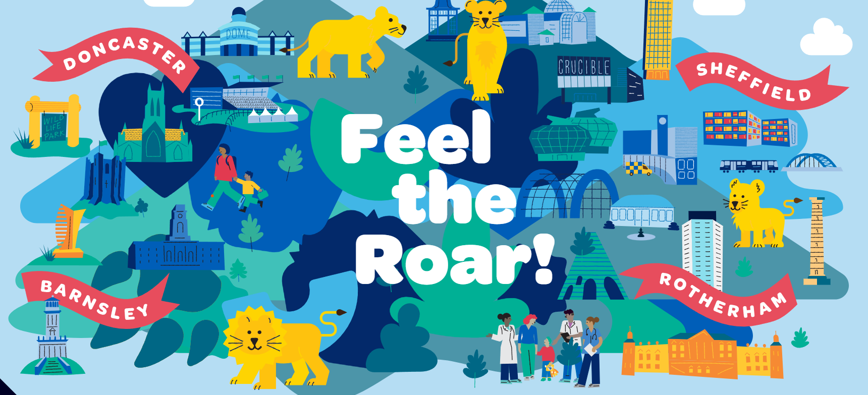 Colourful Pride of Yorkshire artwork mapping the main locations across South Yorkshire 